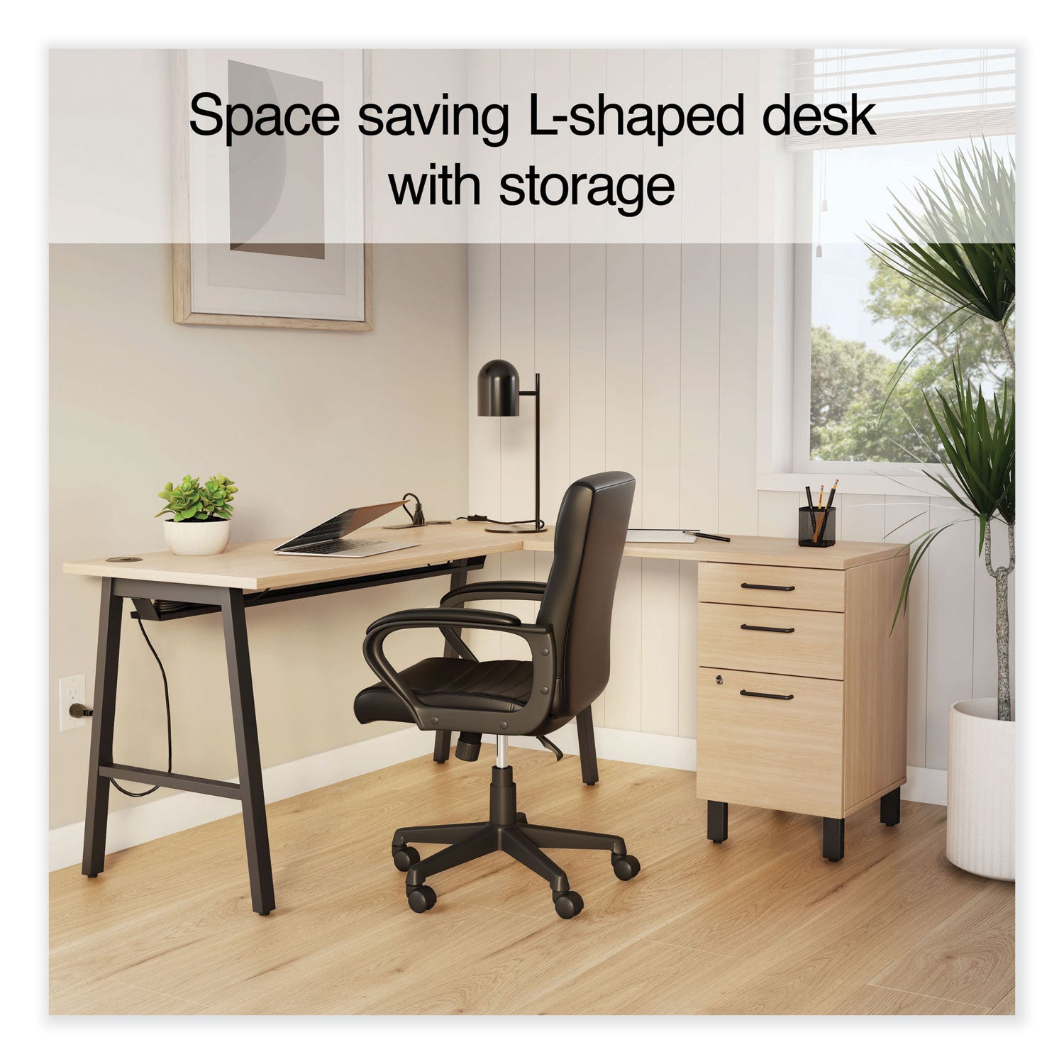 Essentials Single-Pedestal L-Shaped Desk with Integrated Power Management, 59.8" x 59.8 x 29.7", Natural Wood/Black