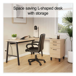 Essentials Single-Pedestal L-Shaped Desk with Integrated Power Management, 59.8" x 59.8 x 29.7", Natural Wood/Black
