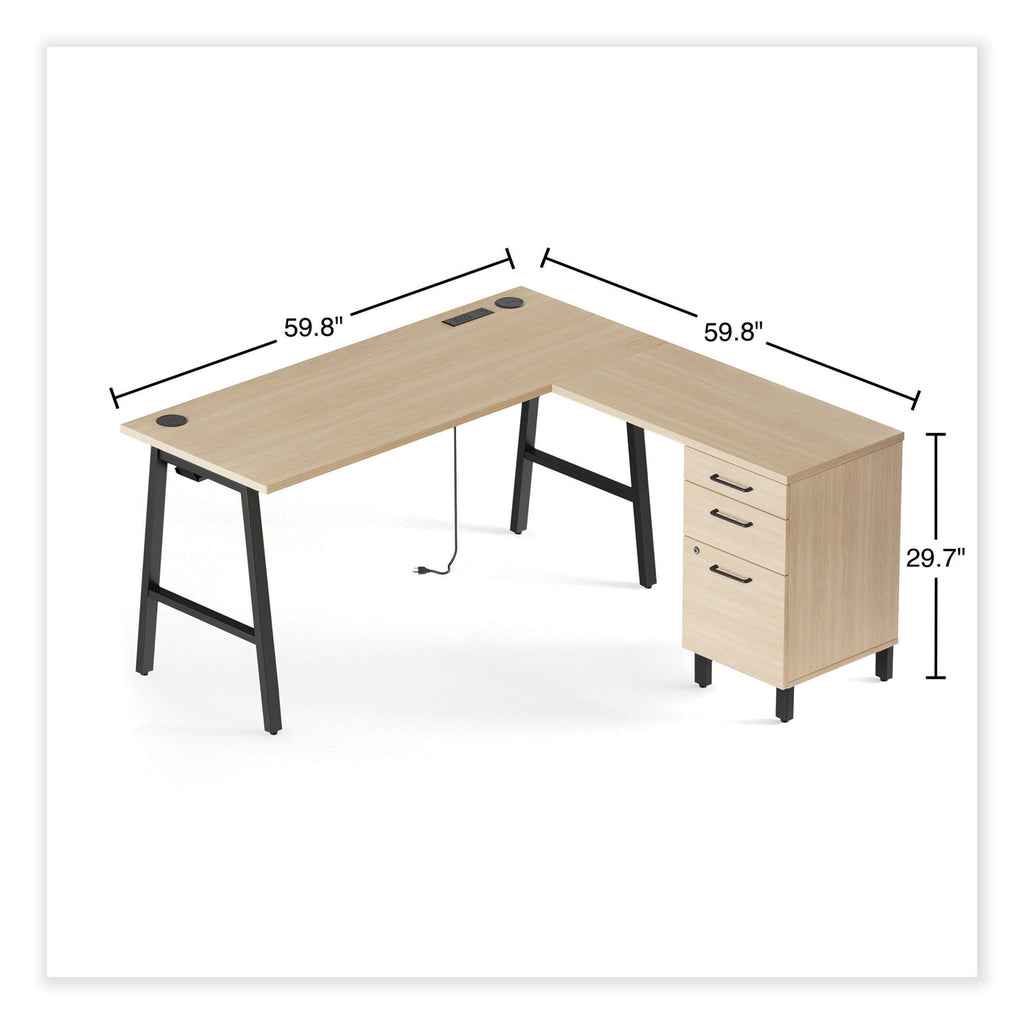 Essentials Single-Pedestal L-Shaped Desk with Integrated Power Management, 59.8" x 59.8 x 29.7", Natural Wood/Black