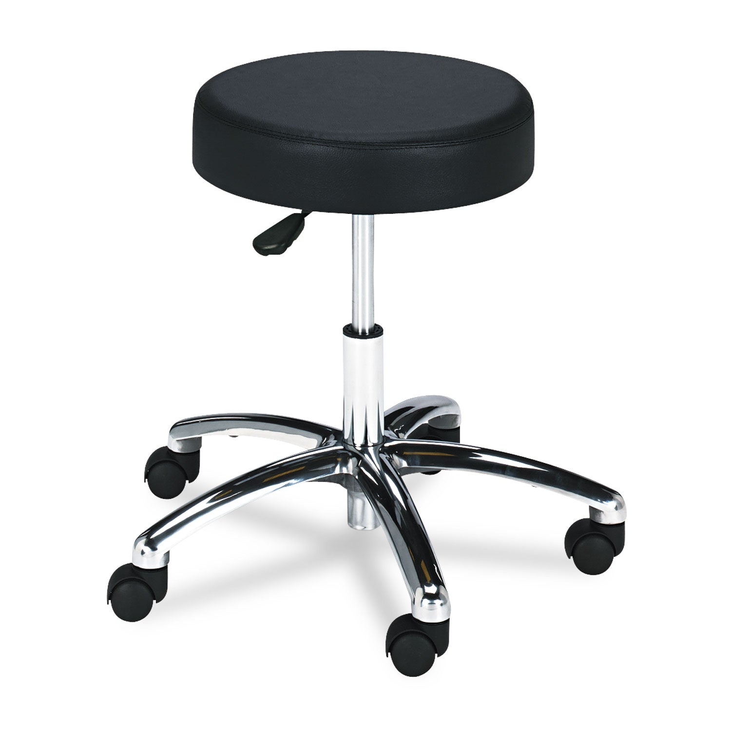 Pneumatic Lab Stool, Backless, Supports Up to 250 lb, 17" to 22" Seat Height, Black Seat, Chrome Base - 