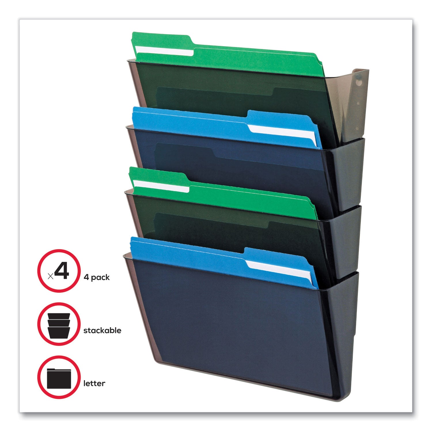 DocuPocket Stackable Four-Pocket Wall File, 4 Sections, Letter Size, 13" x 4", Smoke, Ships in 4-6 Business Days - 
