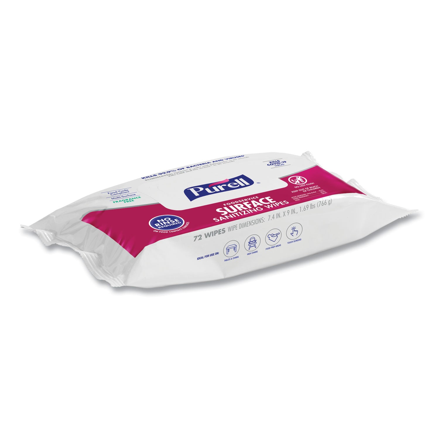 Foodservice Surface Sanitizing Wipes, 1-Ply, 7.4 x 9, Fragrance-Free, White, 72/Pouch, 12 Pouches/Carton