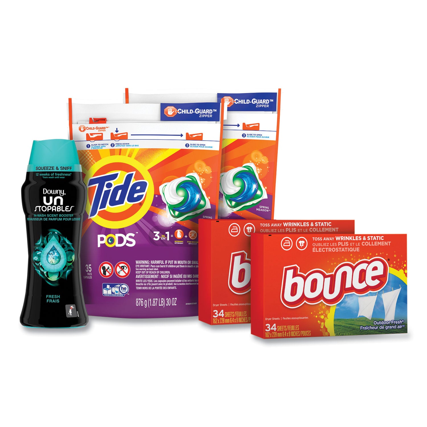 better-together-laundry-care-bundle-2-bags-tide-pods-2-boxes-bounce-dryer-sheets-1-bottle-downy-unstopables_pgc12777 - 1
