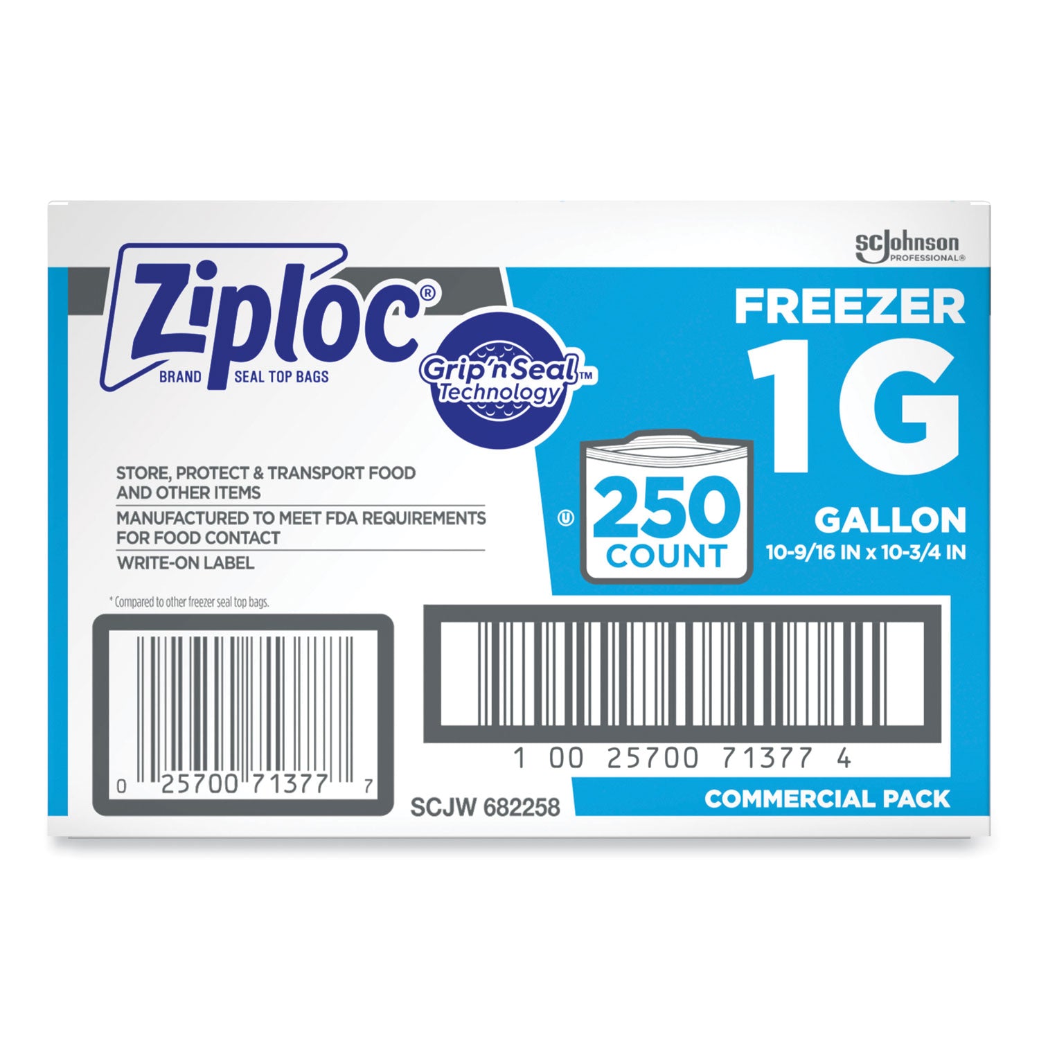 Double Zipper Freezer Bags, 1 gal, 2.7 mil, 10.56" x 10.75", Clear, 250/Carton