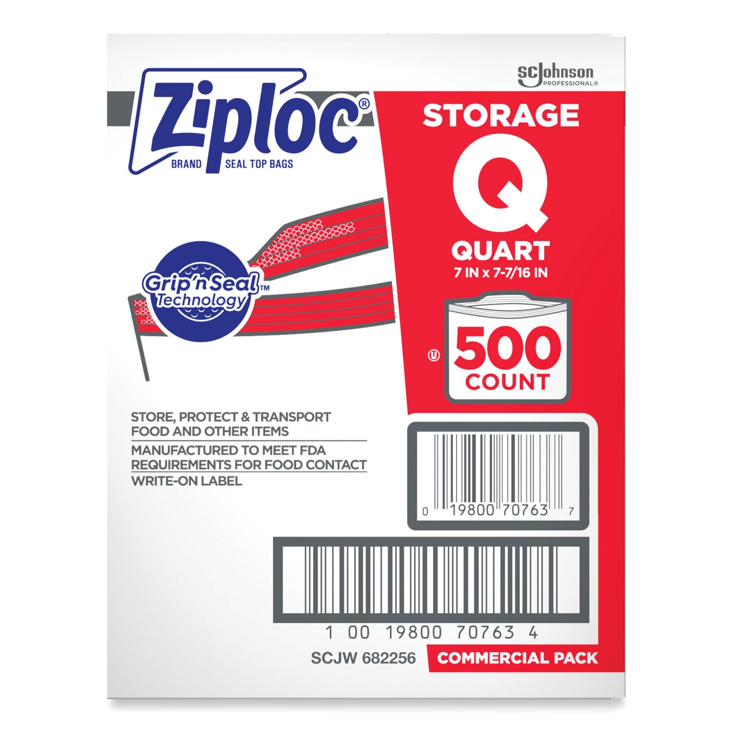 Ziploc Quart Storage Bags - Medium Size - 1 quart Capacity - 7" Width - 1.75 mil (44 Micron) Thickness - Zipper Closure - Textured - Clear - Plastic - 500/Carton - Multipurpose