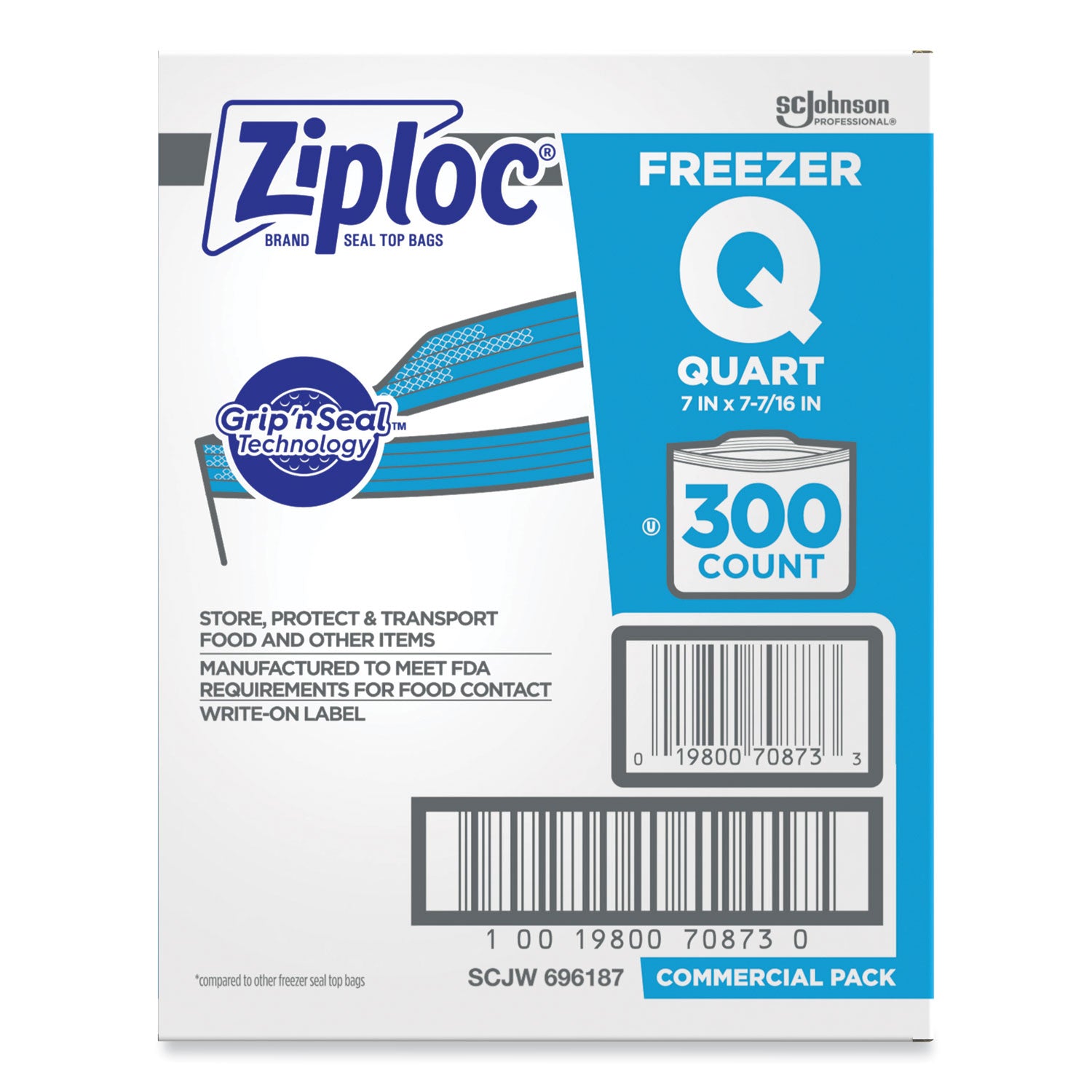Double Zipper Freezer Bags, 1 qt, 2.7 mil, 7" x 7.75", Clear, 300/Carton