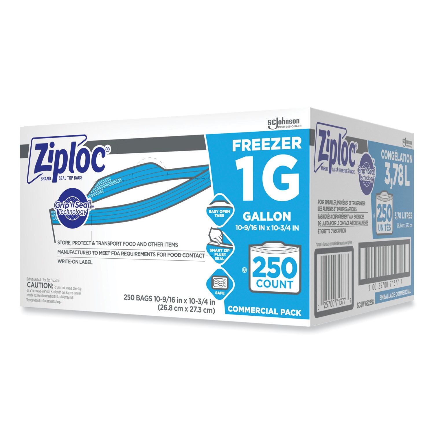 Ziploc Grip n' Seal Freezer Bags - Large Size - 1 gal Capacity - 10.56" Width x 10.75" Length - Zipper Closure - Textured - Clear - Plastic - 1Carton - 250 Per Carton - Food, Industrial, Healthcare, Office, Commercial, Storage