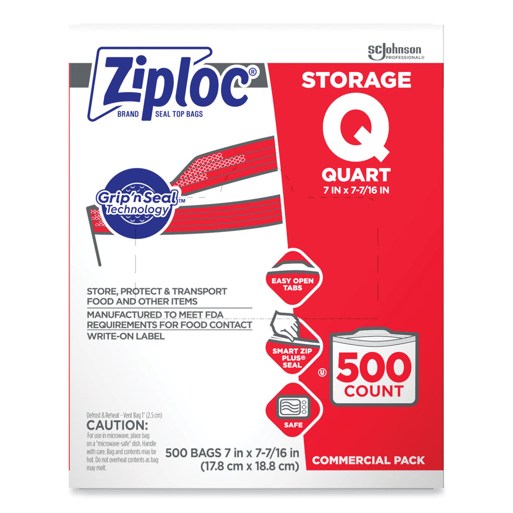 Ziploc Quart Storage Bags - Medium Size - 1 quart Capacity - 7" Width - 1.75 mil (44 Micron) Thickness - Zipper Closure - Textured - Clear - Plastic - 500/Carton - Multipurpose