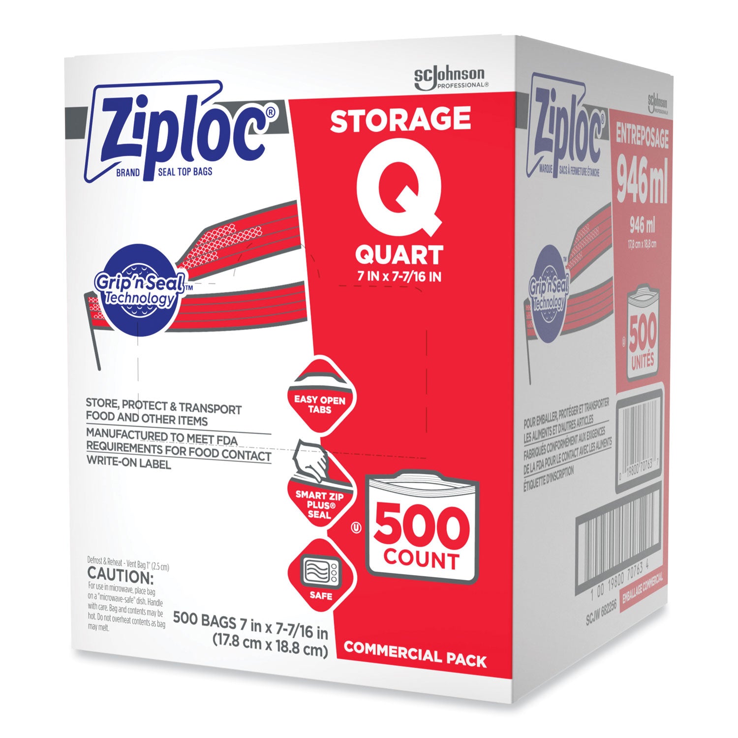 Ziploc Quart Storage Bags - Medium Size - 1 quart Capacity - 7" Width - 1.75 mil (44 Micron) Thickness - Zipper Closure - Textured - Clear - Plastic - 500/Carton - Multipurpose
