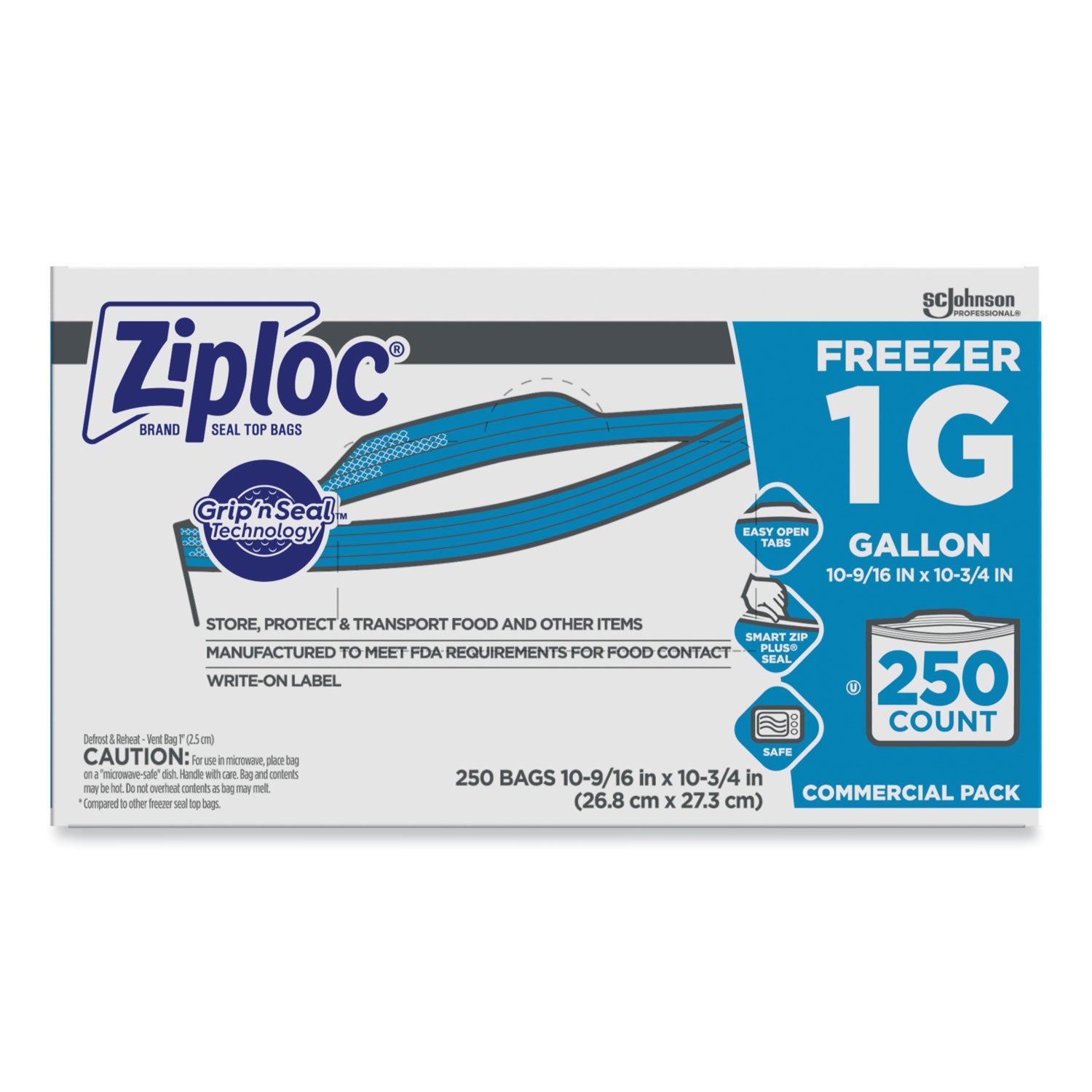 Ziploc Grip n' Seal Freezer Bags - Large Size - 1 gal Capacity - 10.56" Width x 10.75" Length - Zipper Closure - Textured - Clear - Plastic - 1Carton - 250 Per Carton - Food, Industrial, Healthcare, Office, Commercial, Storage