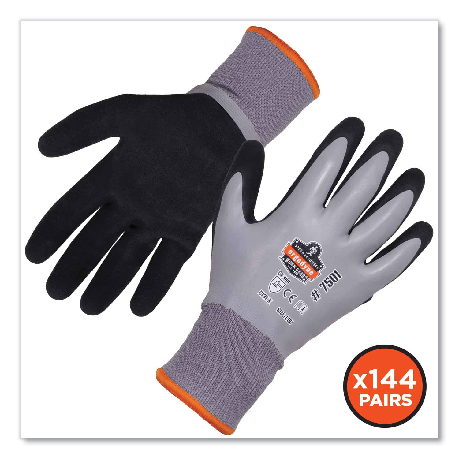 ProFlex 7501-CASE Coated Waterproof Winter Gloves, Gray, Large, 144 Pairs/Carton, Ships in 1-3 Business Days