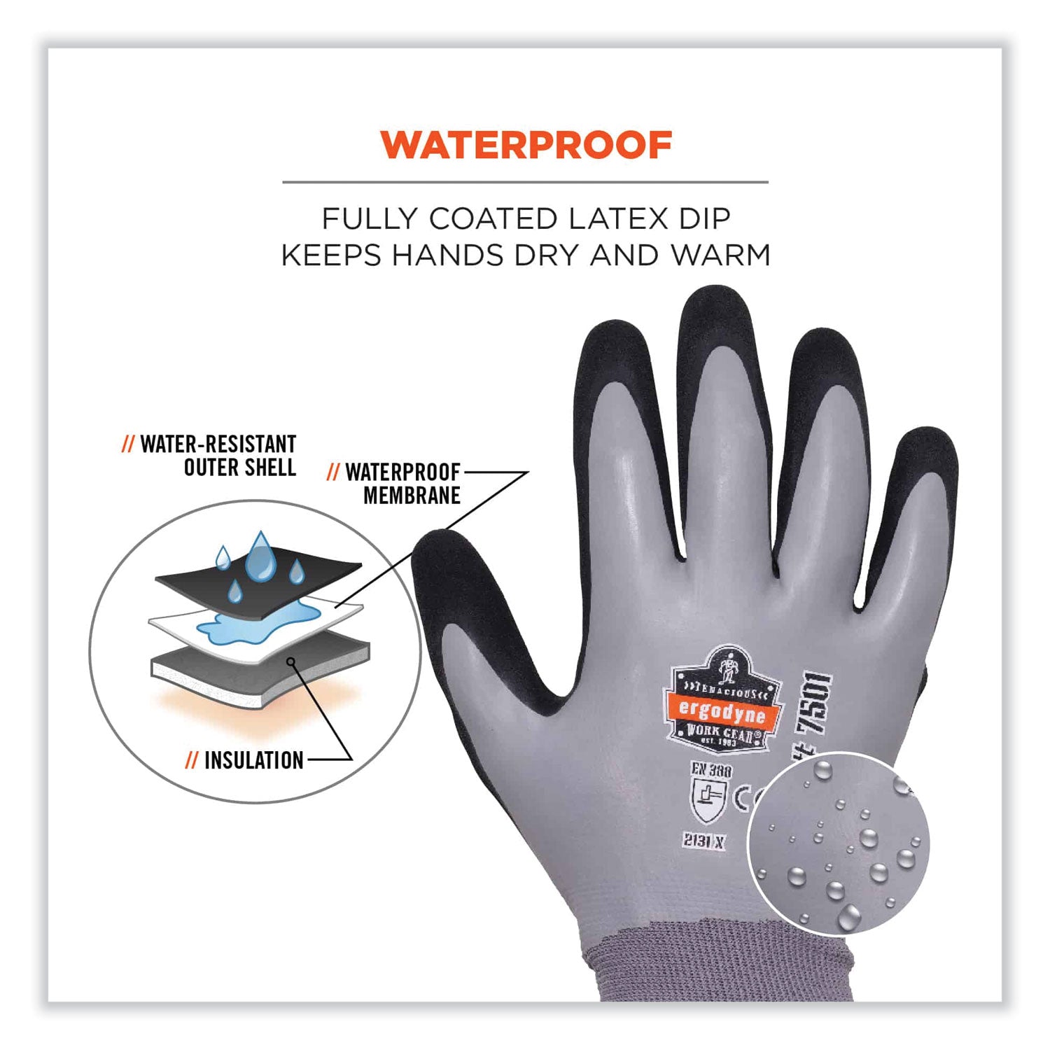 ProFlex 7501-CASE Coated Waterproof Winter Gloves, Gray, Large, 144 Pairs/Carton, Ships in 1-3 Business Days