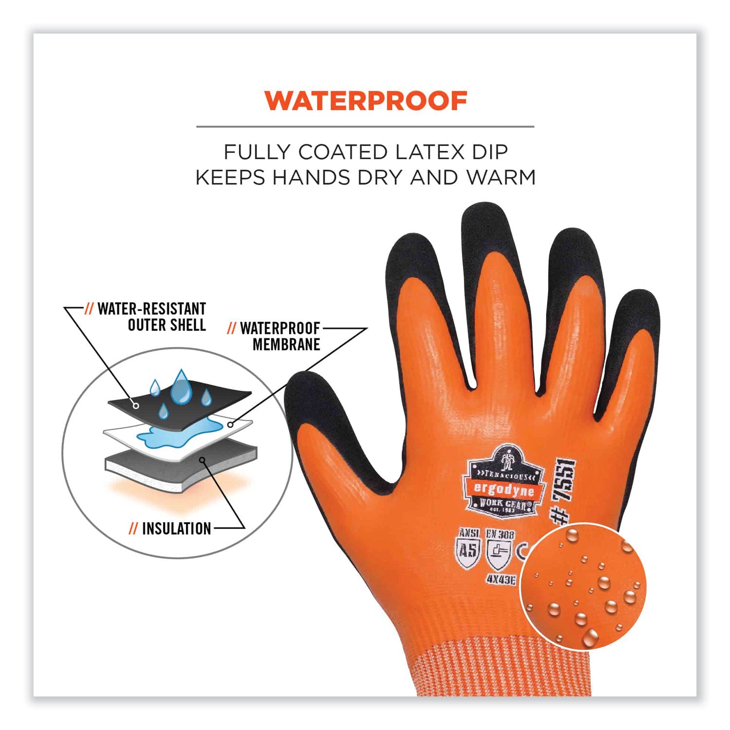 ProFlex 7551 ANSI A5 Coated Waterproof CR Gloves, Orange, 2X-Large, Pair, Ships in 1-3 Business Days