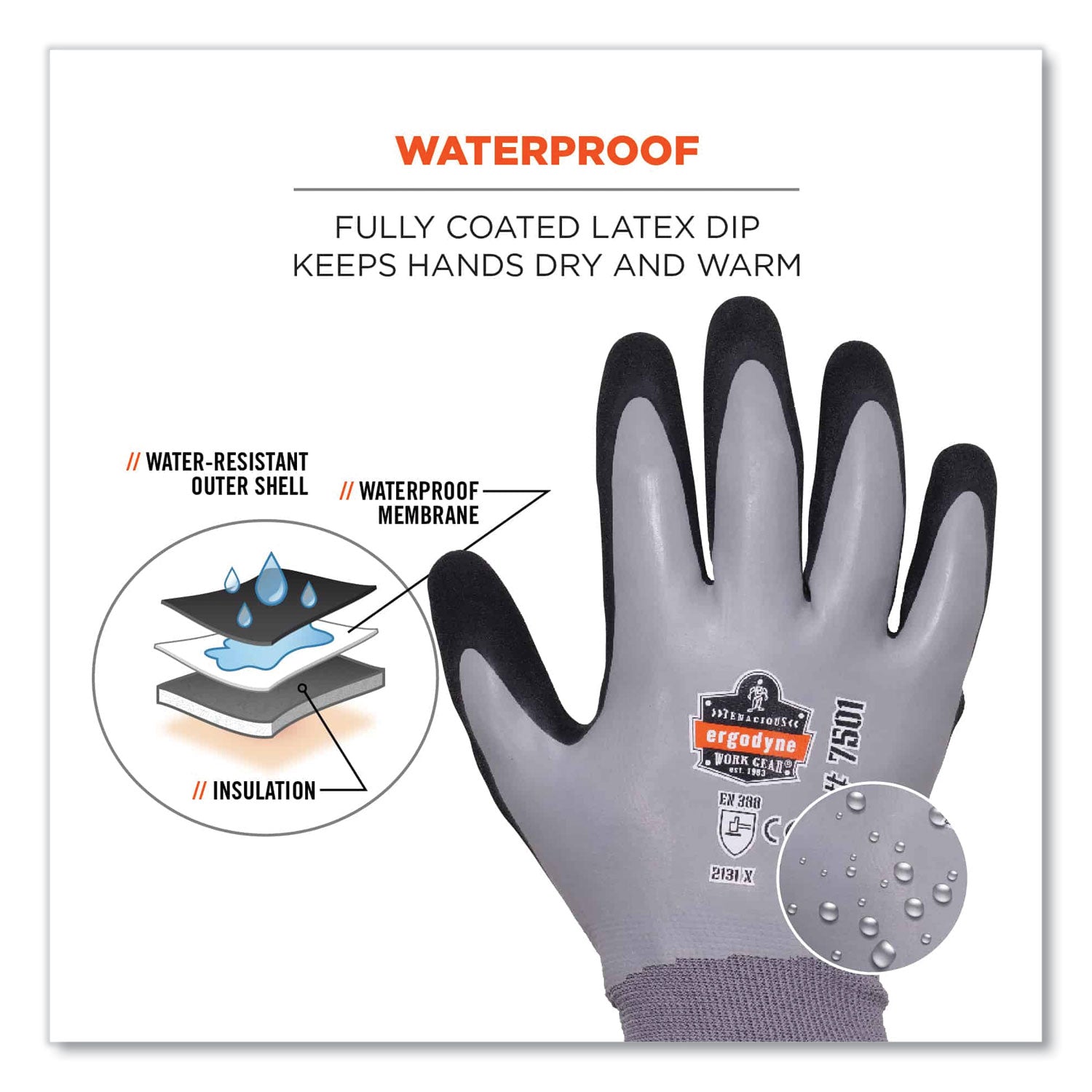 ProFlex 7501-CASE Coated Waterproof Winter Gloves, Gray, X-Large, 144 Pairs/Carton, Ships in 1-3 Business Days