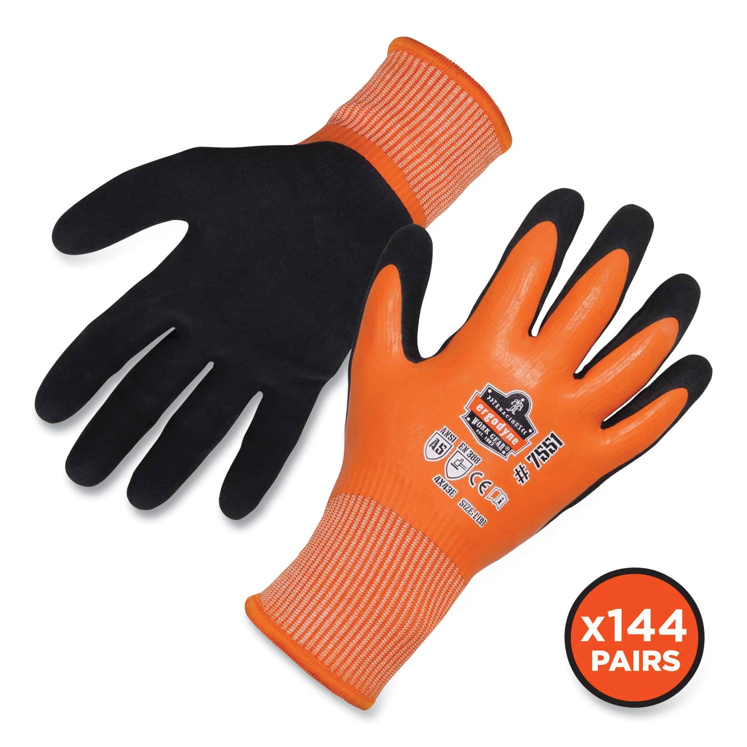 ProFlex 7551-CASE ANSI A5 Coated Waterproof CR Gloves, Orange, Large, 144 Pairs/Carton, Ships in 1-3 Business Days