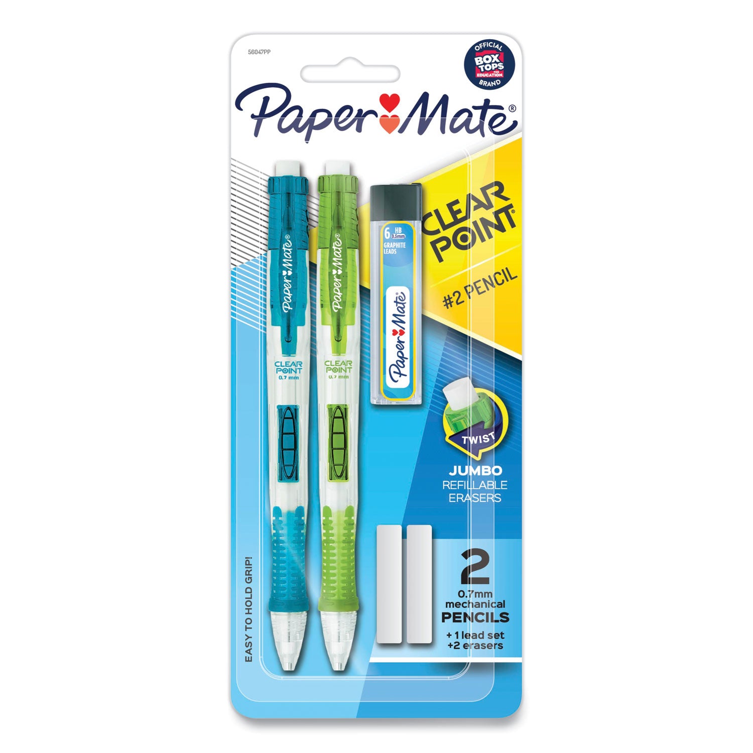 Clear Point Mechanical Pencils with Tube of Lead/Erasers, 0.7 mm, HB (#2), Black Lead, Randomly Assorted Barrel Colors, 2/PK - 