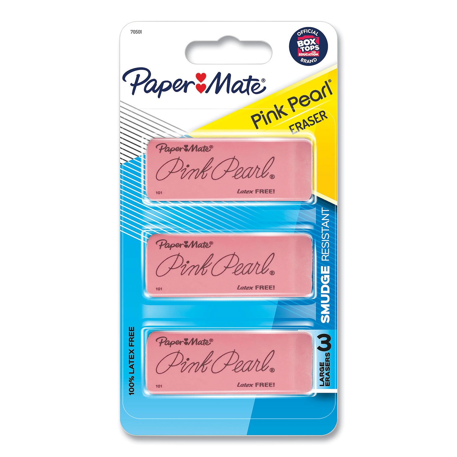 Pink Pearl Eraser, For Pencil Marks, Rectangular Block, Large, Pink, 3/Pack - 