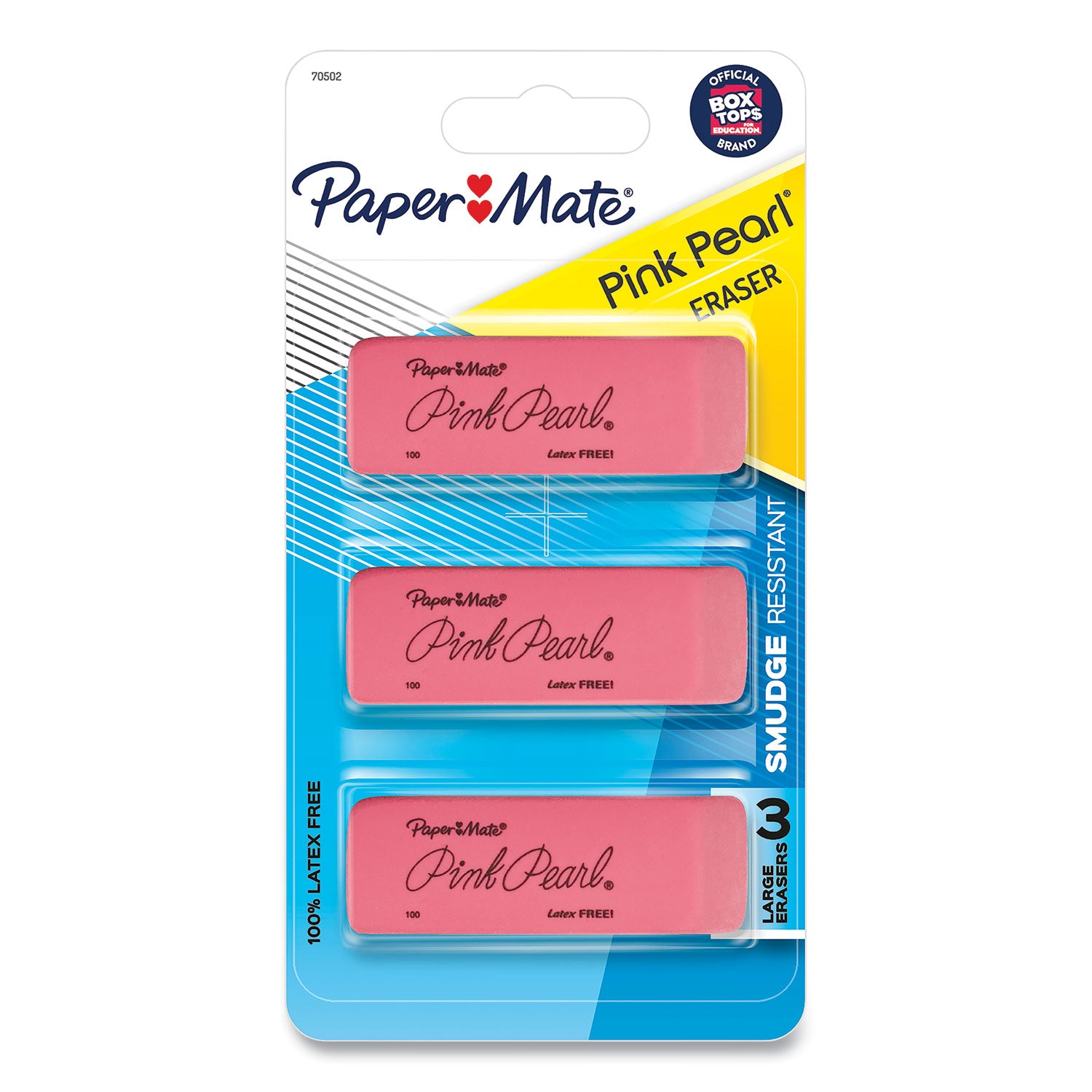 Pink Pearl Eraser, For Pencil Marks, Rectangular Block, Medium, Pink, 3/Pack - 