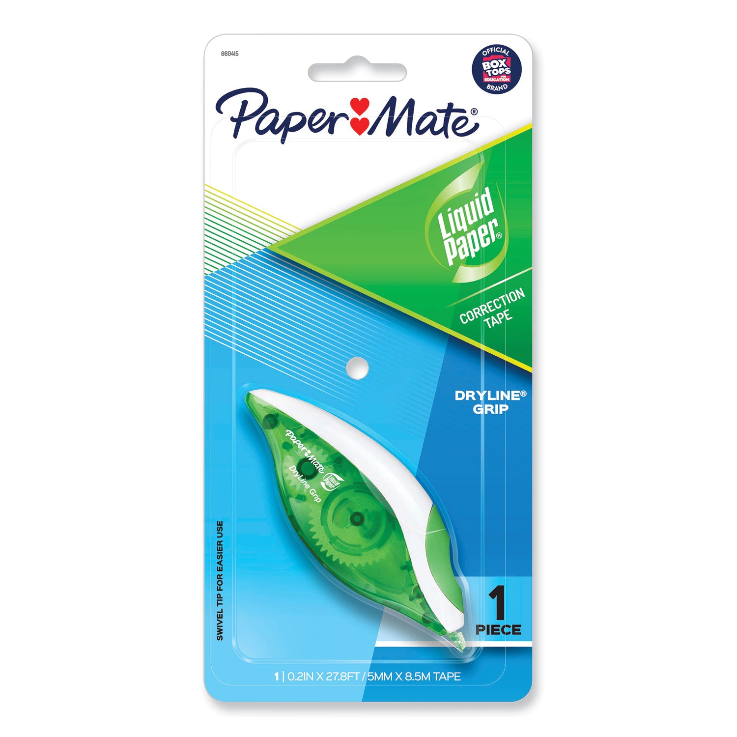 Paper Mate DryLine Grip Correction Tape - 0.20" Width x 27.80 ft LengthGreen, White, Transparent Dispenser - Smooth, Mess-free, Swivel Tip, Ergonomic, Tear Resistant - 1 Pack - White
