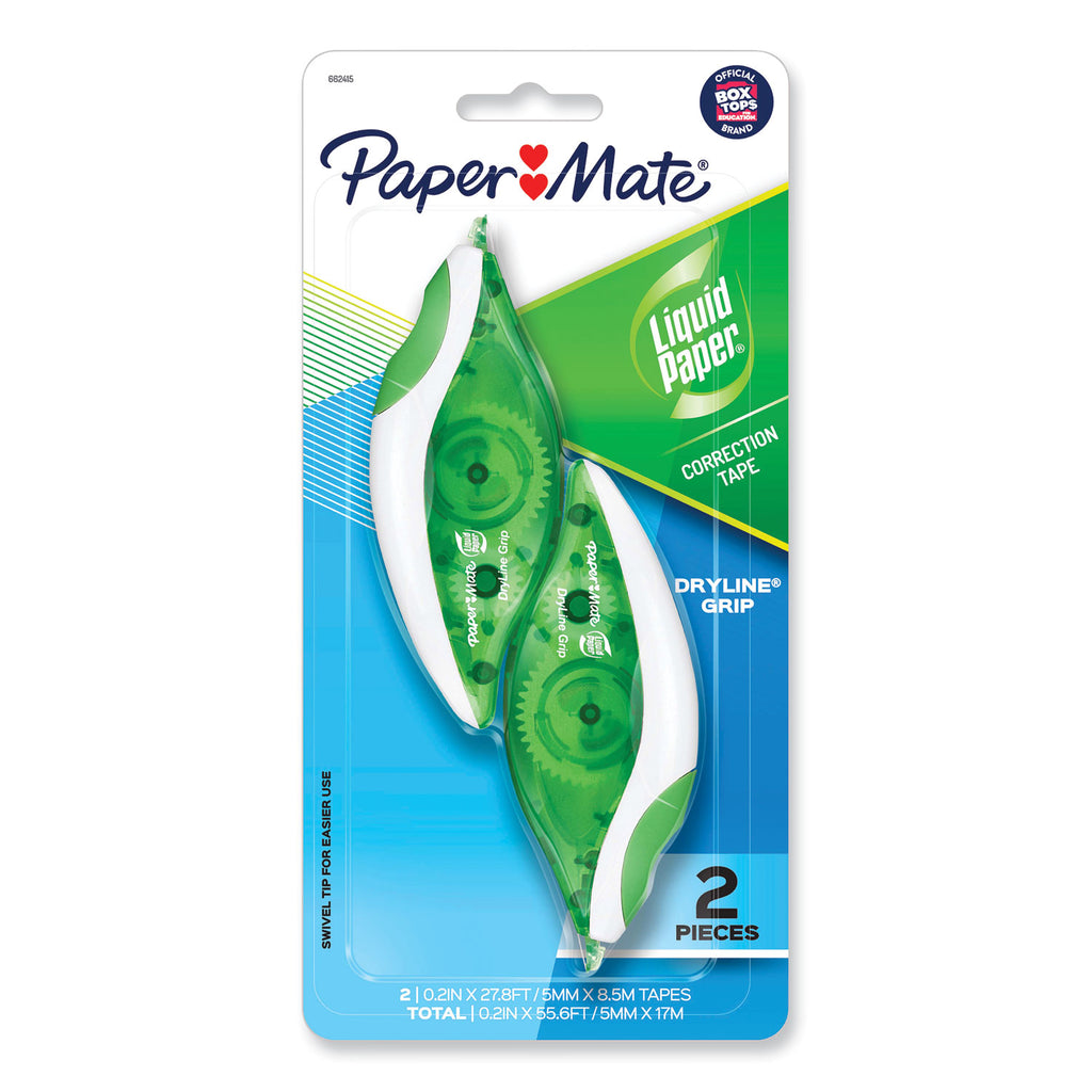 Paper Mate DryLine Grip Correction Tape - 0.20" Width x 27.80 ft LengthGreen, White, Transparent Dispenser - Smooth, Mess-free, Swivel Tip, Ergonomic, Tear Resistant - 2 / Pack - White