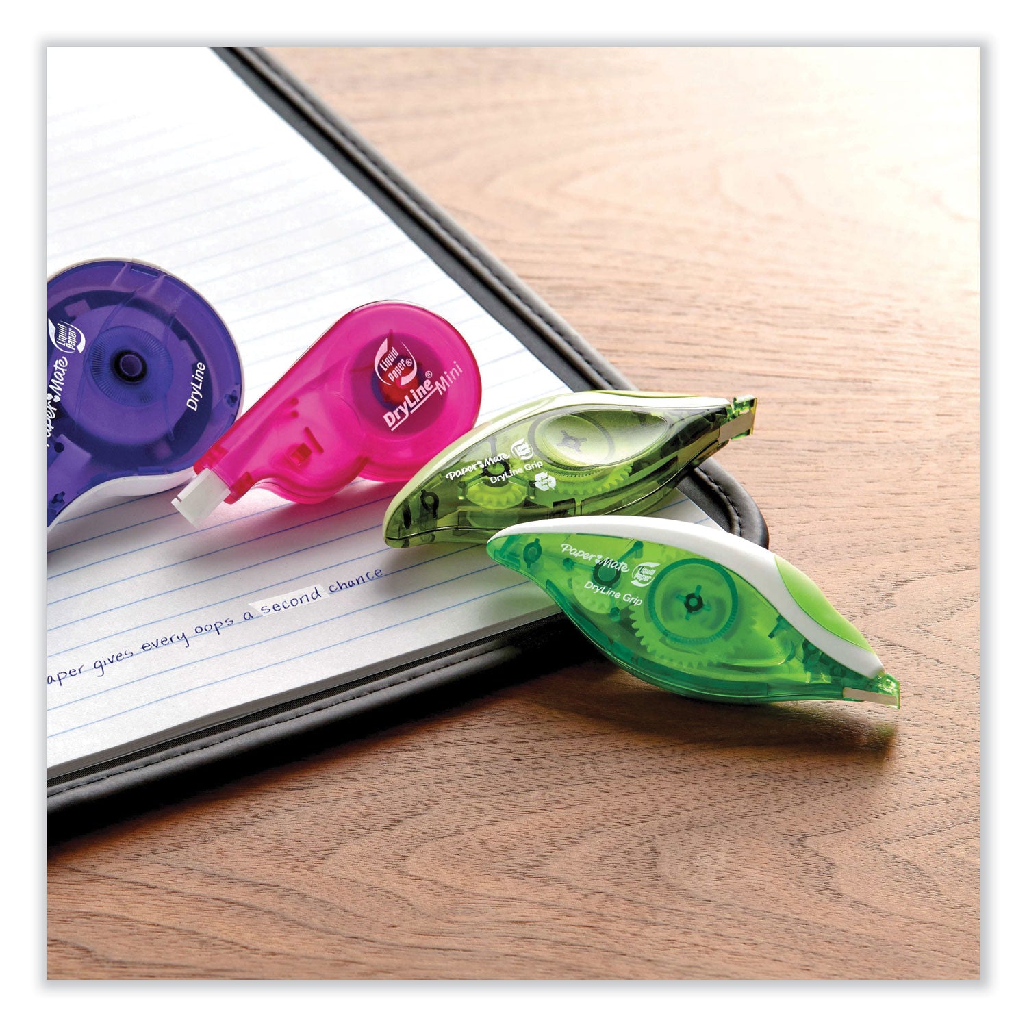 DryLine Grip Correction Tape, Recycled Dispenser, Green/White Applicator, 0.2" x 335", 2/Pack