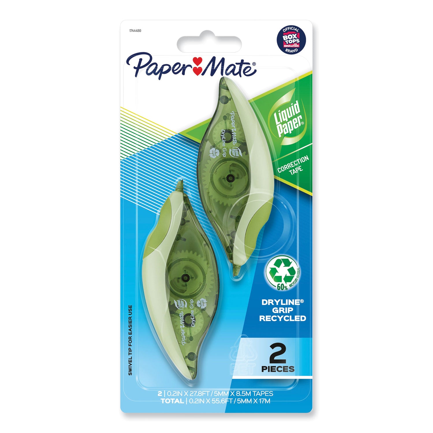 DryLine Grip Correction Tape, Recycled Dispenser, Green/White Applicator, 0.2" x 335", 2/Pack - 