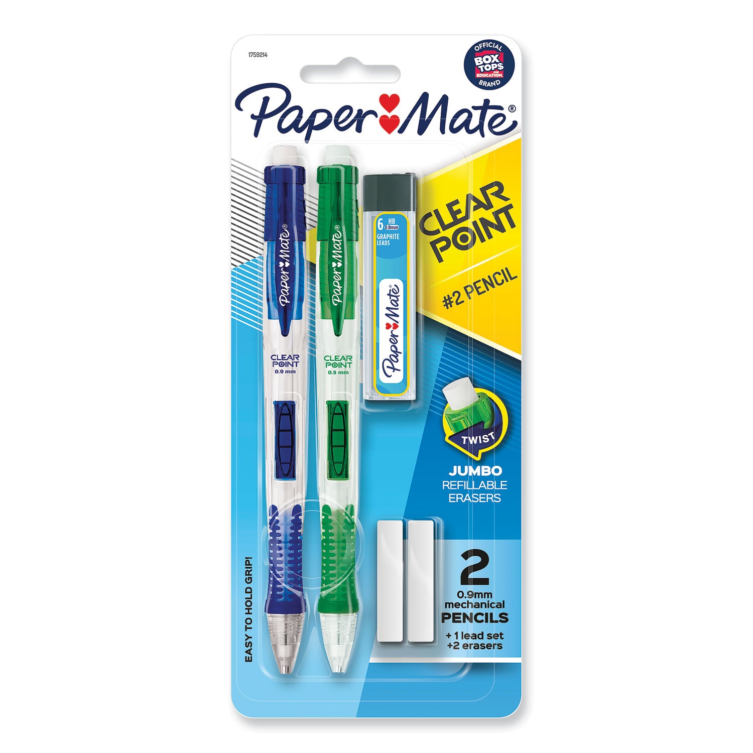 Clear Point Mechanical Pencils with Tube of Lead/Erasers, 0.9 mm, HB (#2), Black Lead, Assorted Barrel Colors, 2/Pack - 