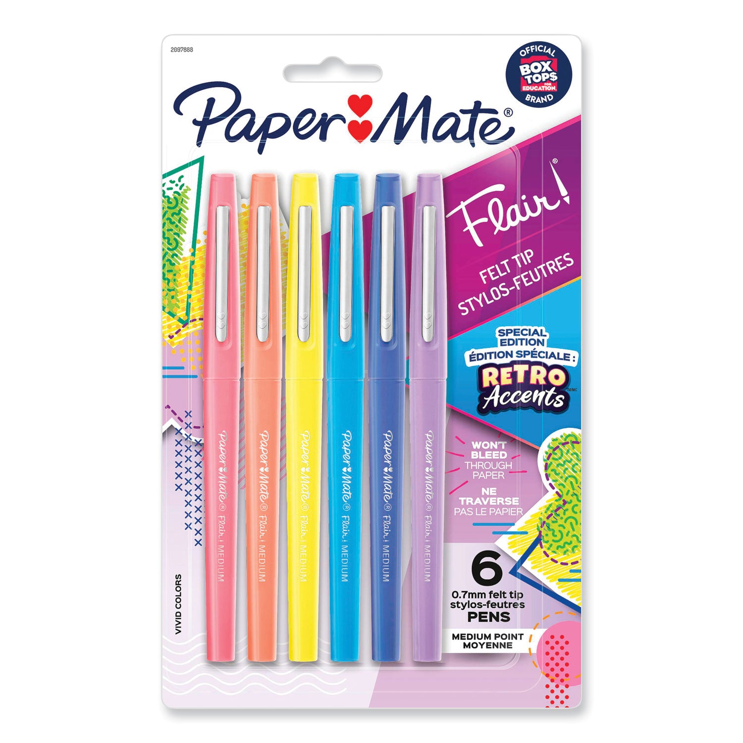 flair-felt-tip-porous-point-pen-stick-medium-07-mm-assorted-ink-and-barrel-colors-with-retro-accents-6-pack_pap2097888 - 1