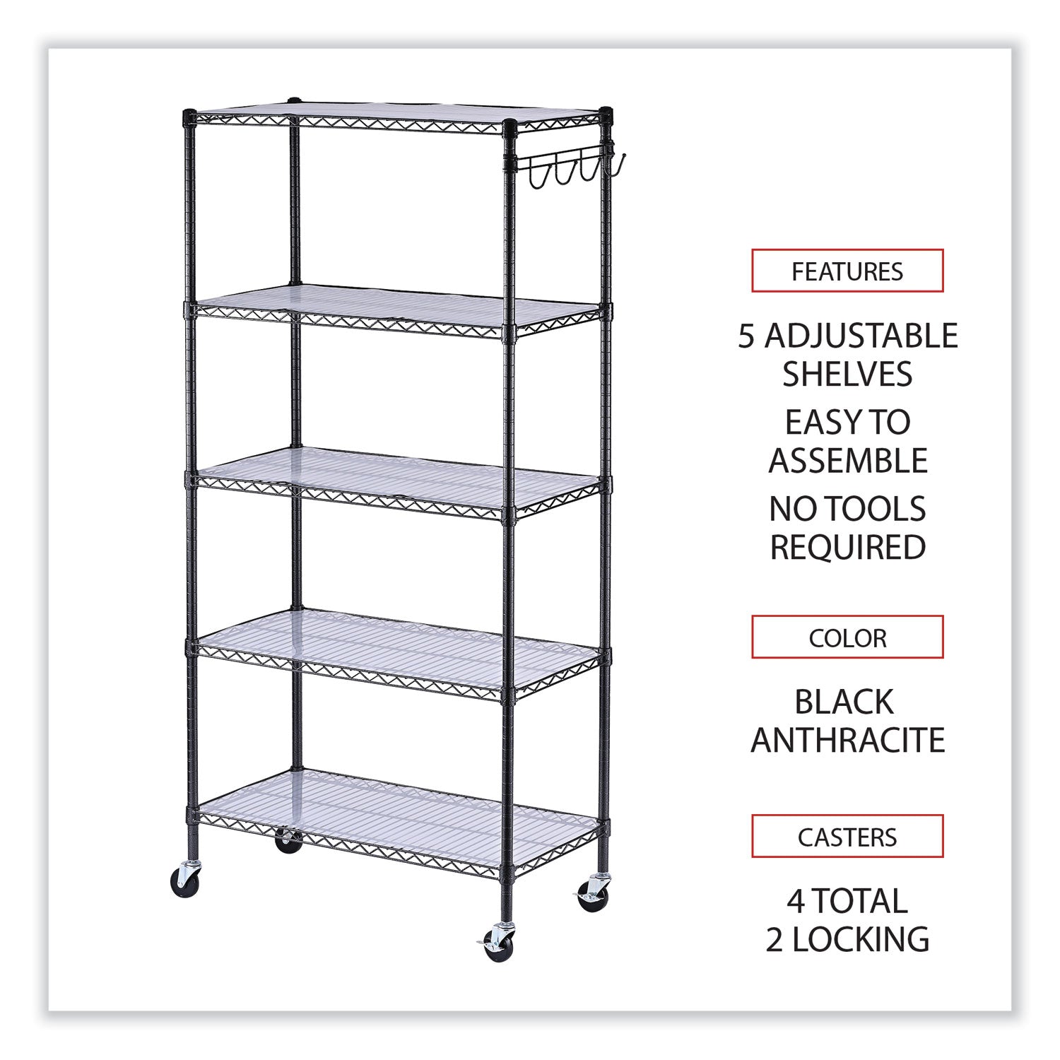5-Shelf Wire Shelving Kit with Casters and Shelf Liners, 36w x 18d x 72h, Black Anthracite