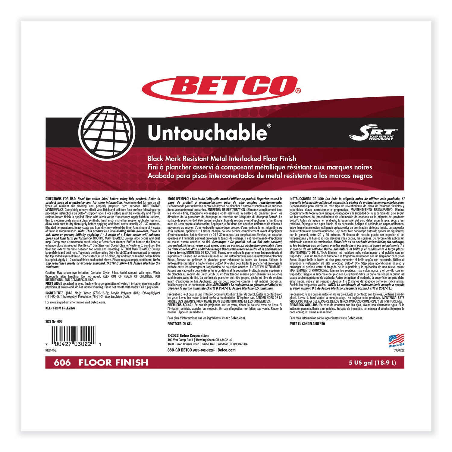 Untouchable Floor Finish with SRT, 5 gal Bag-in-Box