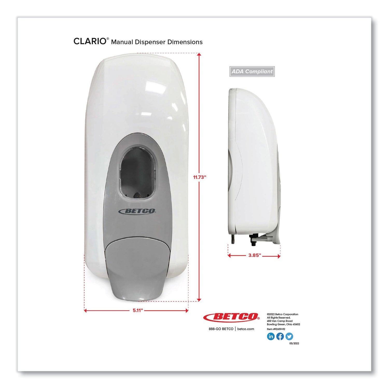 Clario Dispensing System Manual Foam Dispenser, 1,000 mL, 5.11 x 3.85 x 11.73, Black, 12/Carton - 7