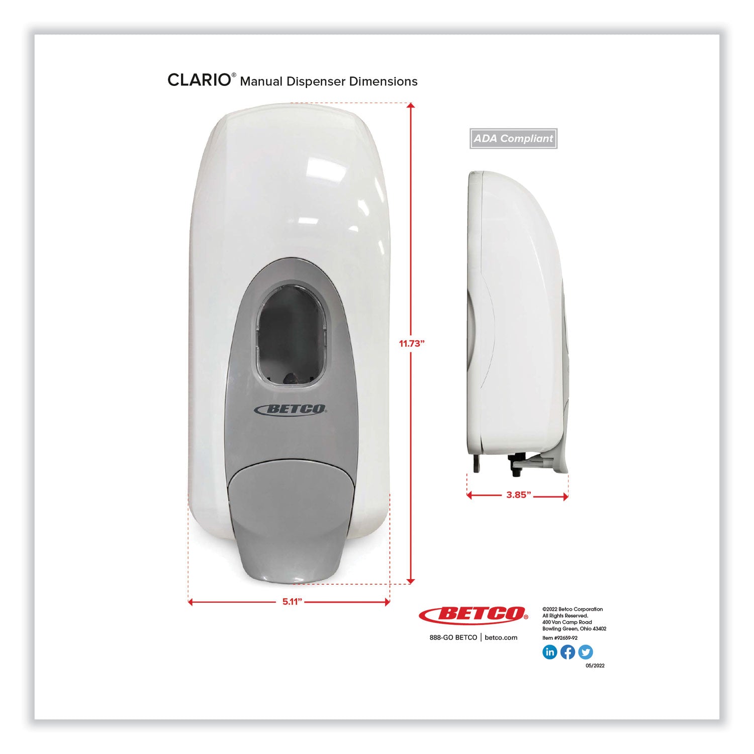 Betco Clario Manual Skin Care Foam Dispenser - Manual - 1.06 quart Capacity - Hygienic, Refillable, Site Window, Durable - White - 12 / Carton - 4