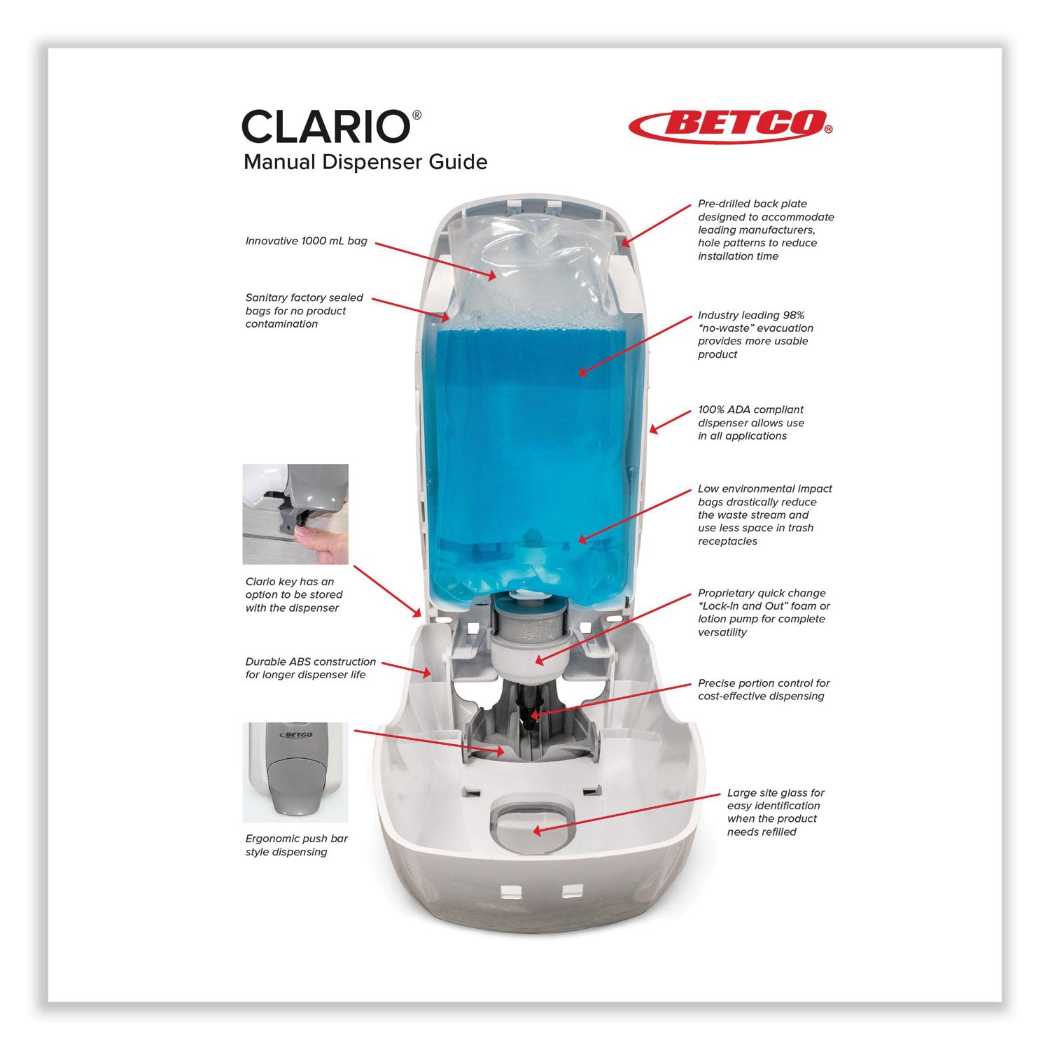 Betco Clario Manual Skin Care Foam Dispenser - Manual - 1.06 quart Capacity - Hygienic, Refillable, Site Window, Durable - White - 12 / Carton - 5