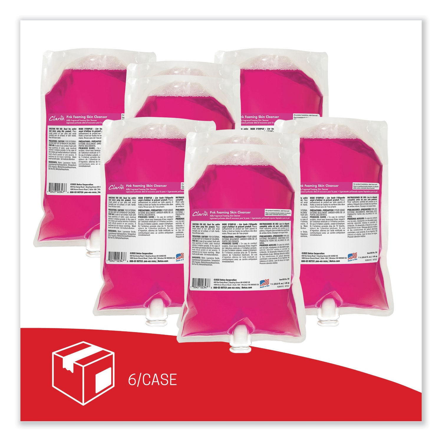 Pink Foaming Skin Cleanser, Fresh, 1,000 mL Refill Bag, 6/Carton