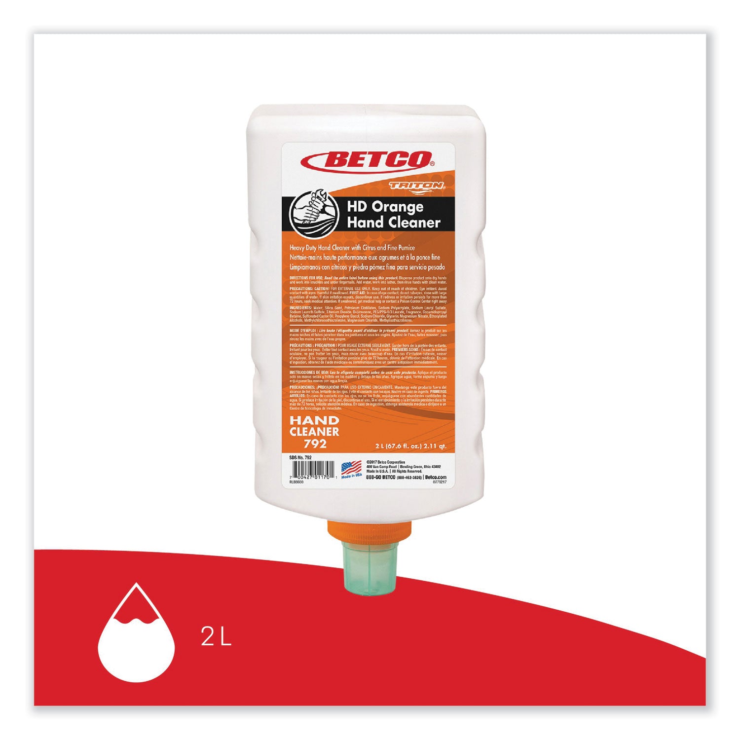 HD Orange Hand Cleaner Refill, Citrus Zest, 2 L Refill Bottle for Triton Dispensers, 6/Carton