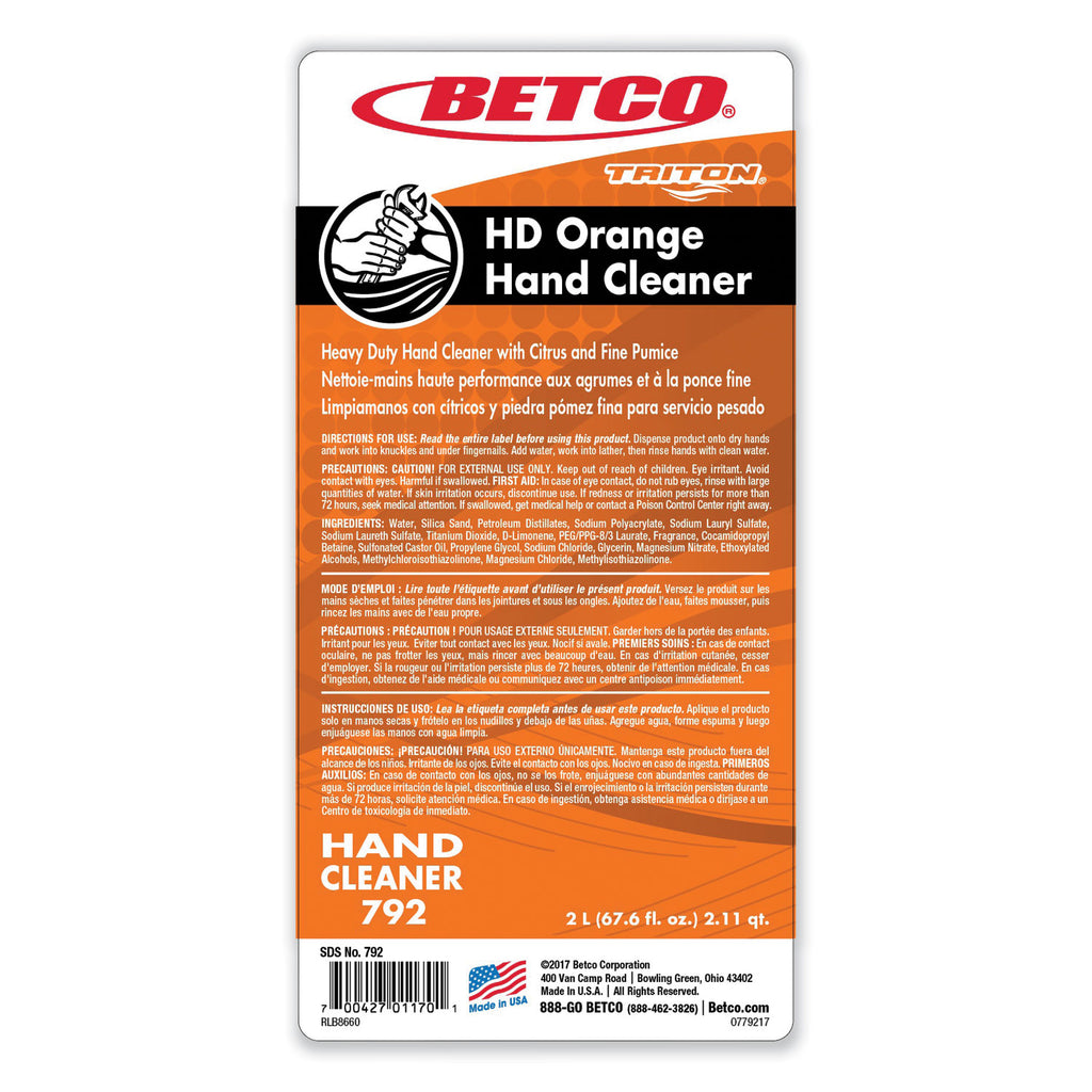 HD Orange Hand Cleaner Refill, Citrus Zest, 2 L Refill Bottle for Triton Dispensers, 6/Carton