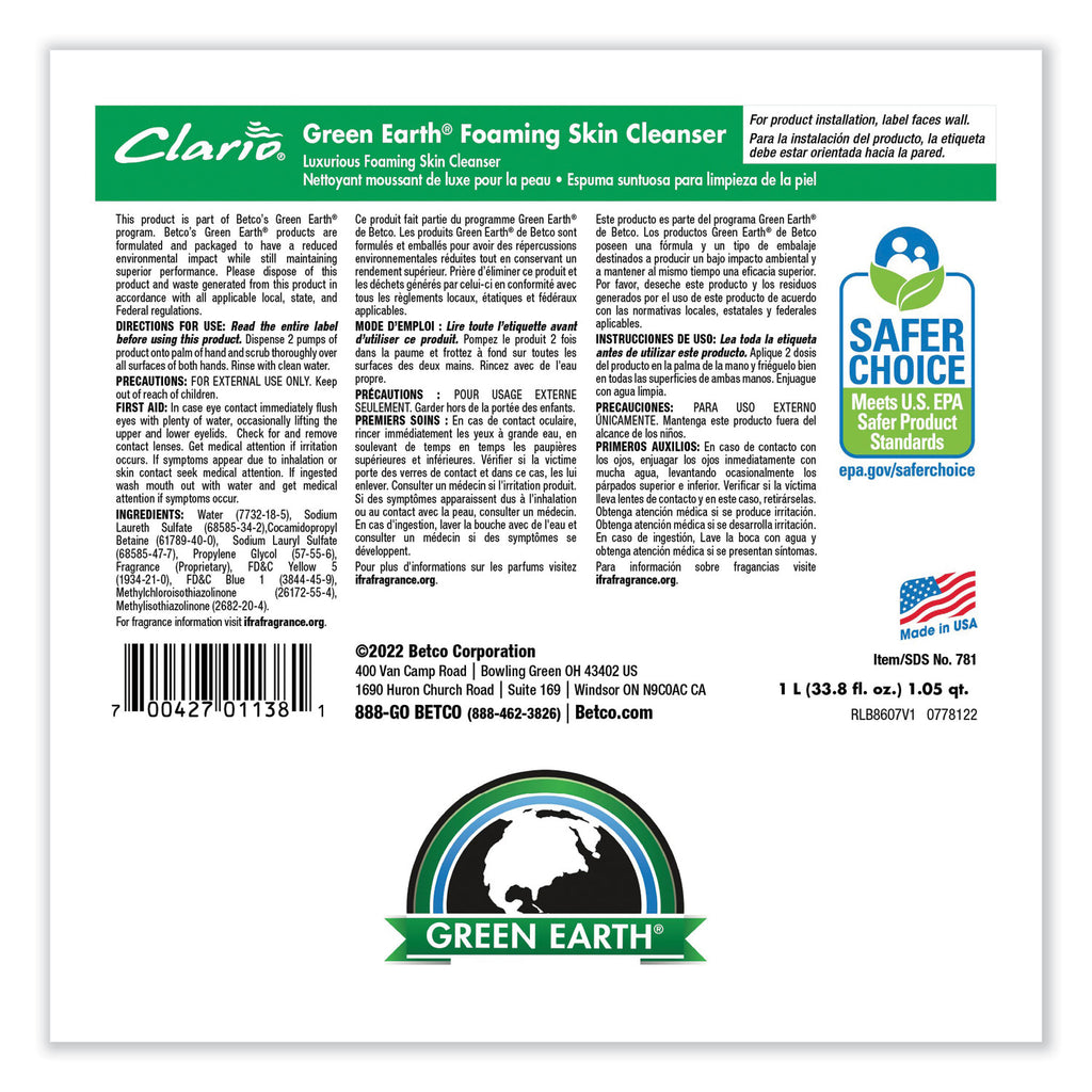 Green Earth Foaming Skin Cleanser Refill, Fresh Meadow, 1,000 mL Refill Bag, 6/Carton