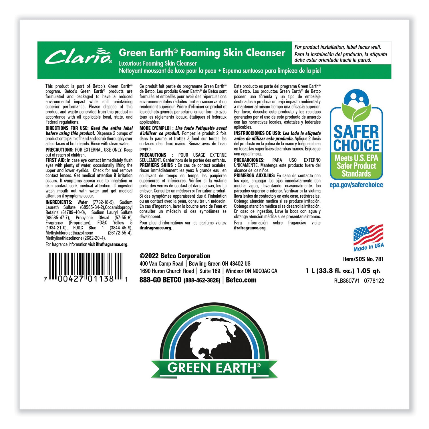 Green Earth Foaming Skin Cleanser Refill, Fresh Meadow, 1,000 mL Refill Bag, 6/Carton