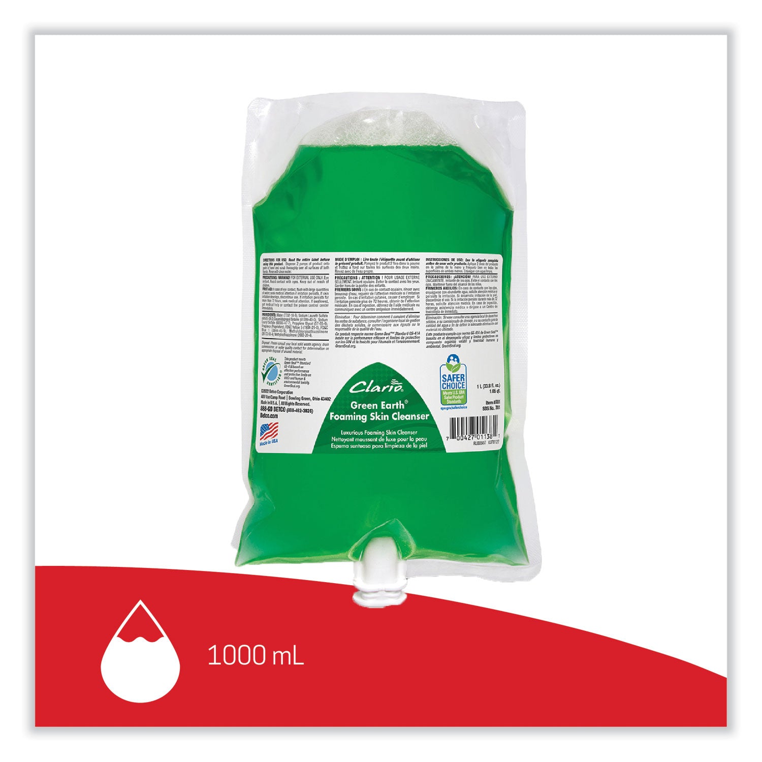 Green Earth Foaming Skin Cleanser Refill, Fresh Meadow, 1,000 mL Refill Bag, 6/Carton