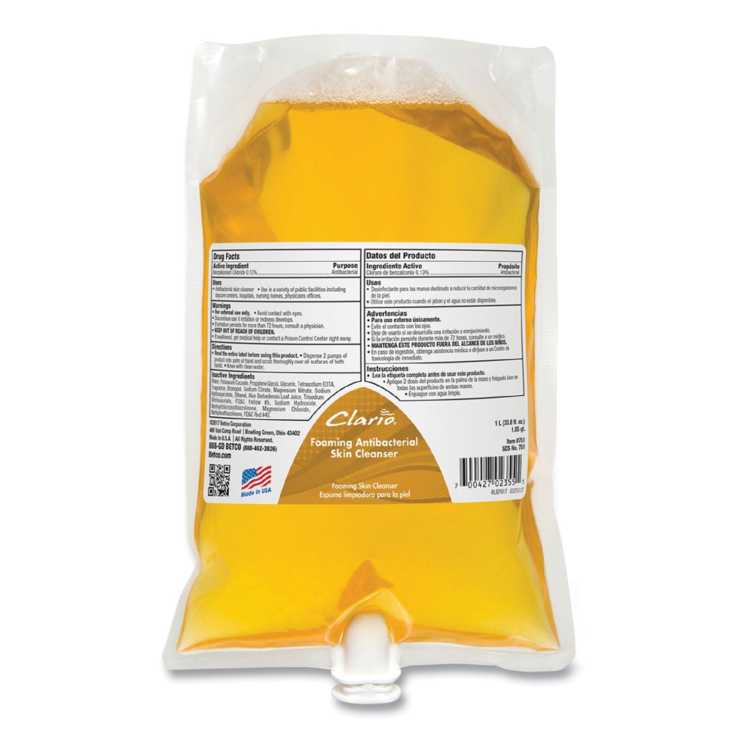 Antibacterial Foaming Skin Cleanser, Fresh, 1,000 mL Refill Bag, 6/Carton