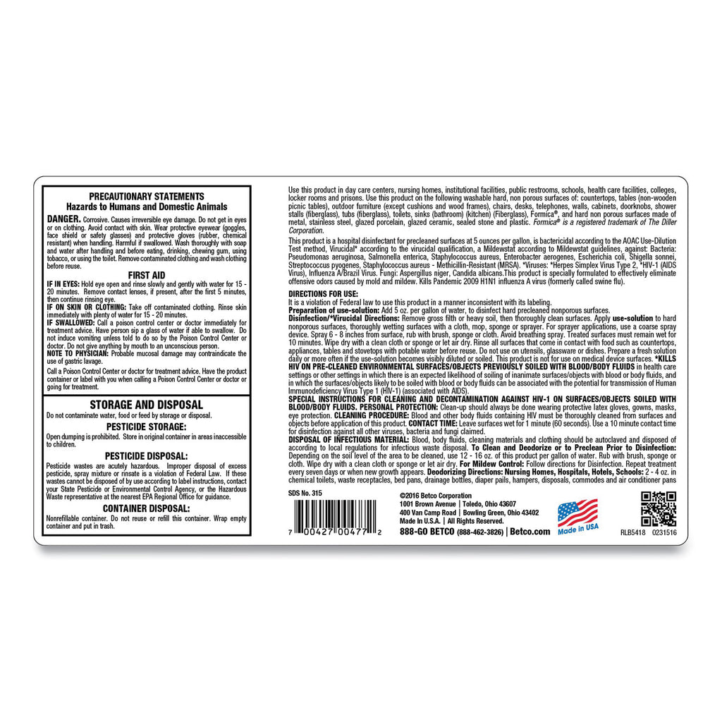AF315 Disinfectant Cleaner, Citrus Floral Scent, 2 L Bottle, 4/Carton