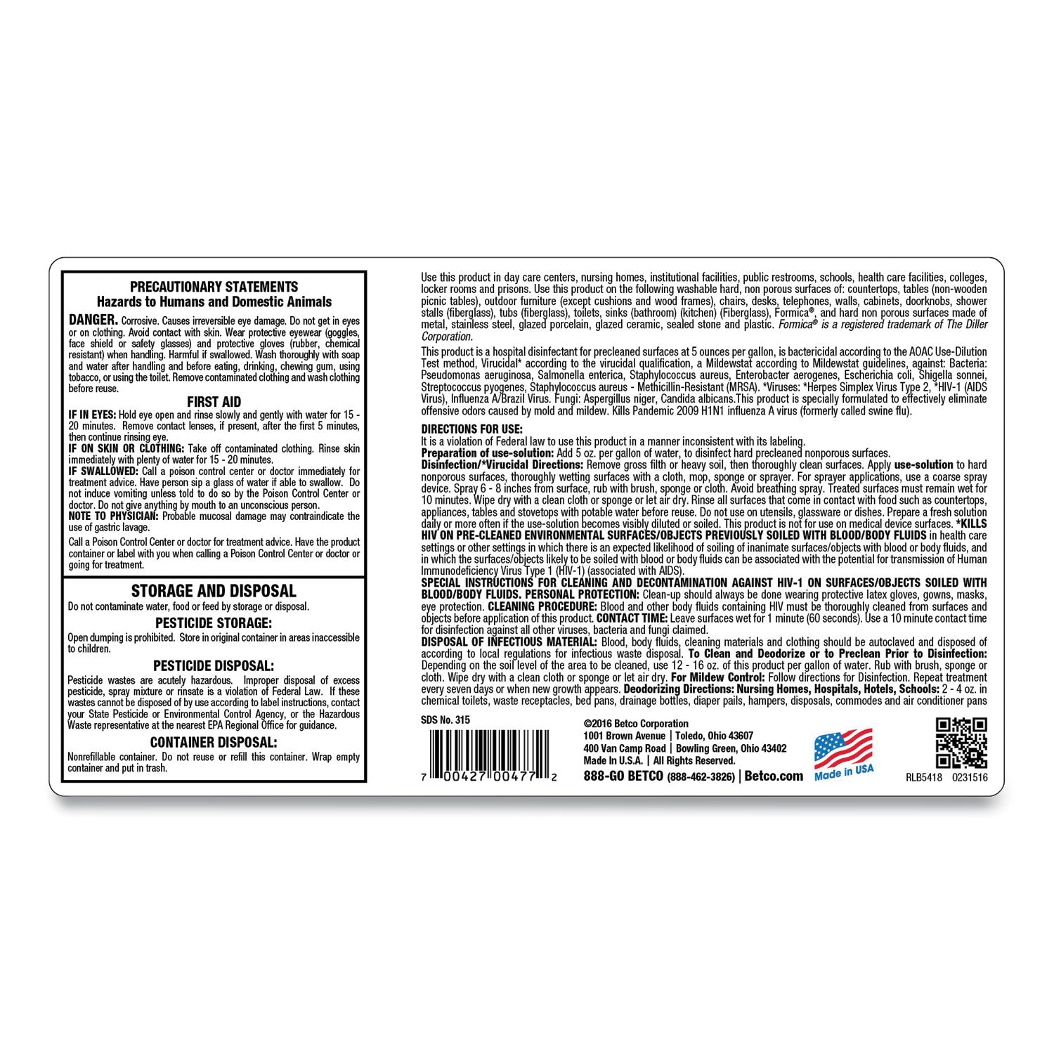 AF315 Disinfectant Cleaner, Citrus Floral Scent, 2 L Bottle, 4/Carton