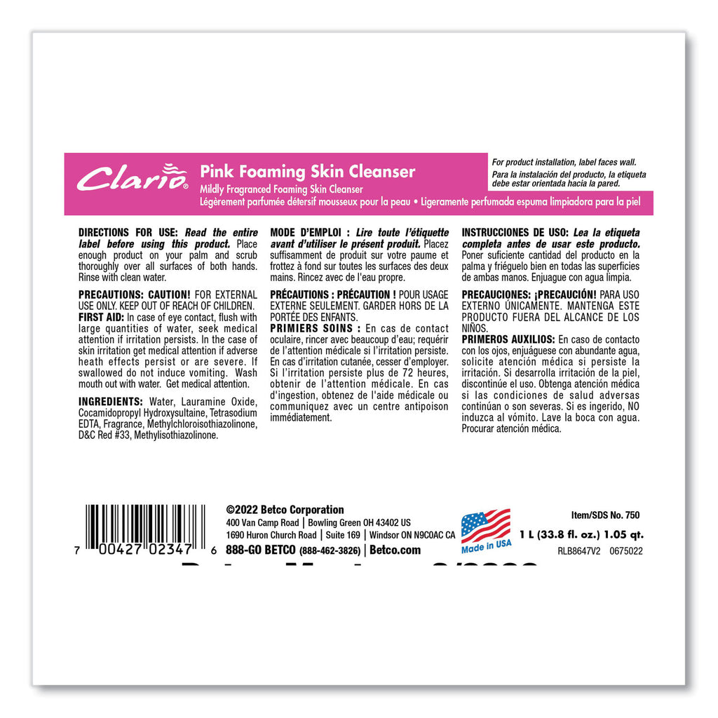 Pink Foaming Skin Cleanser, Fresh, 1,000 mL Refill Bag, 6/Carton