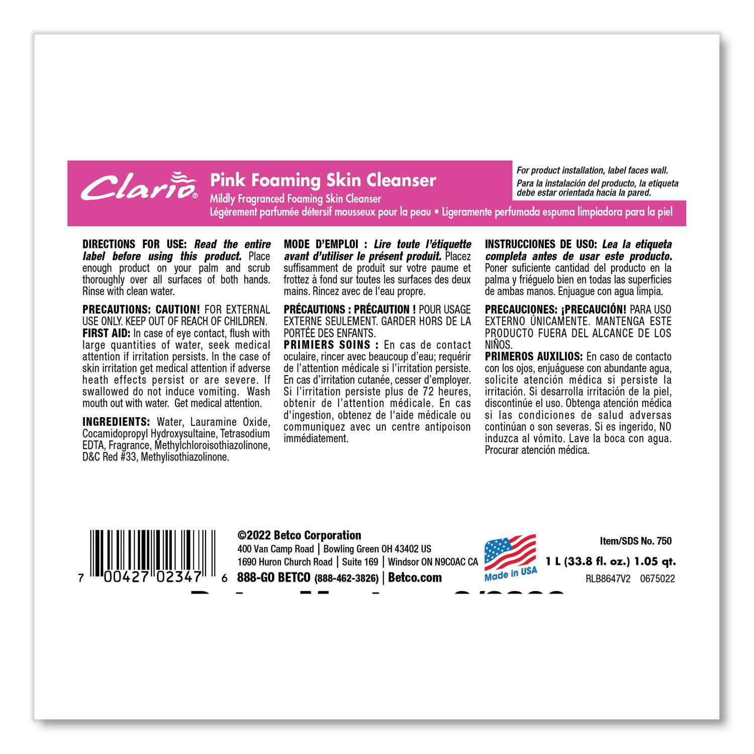 Pink Foaming Skin Cleanser, Fresh, 1,000 mL Refill Bag, 6/Carton