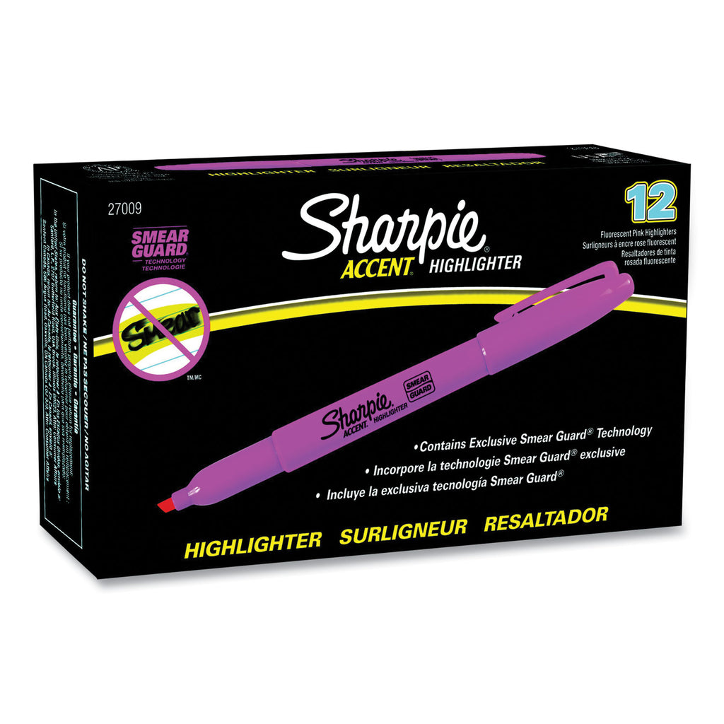 Pocket Style Highlighters, Fluorescent Pink Ink, Chisel Tip, Pink Barrel, Dozen