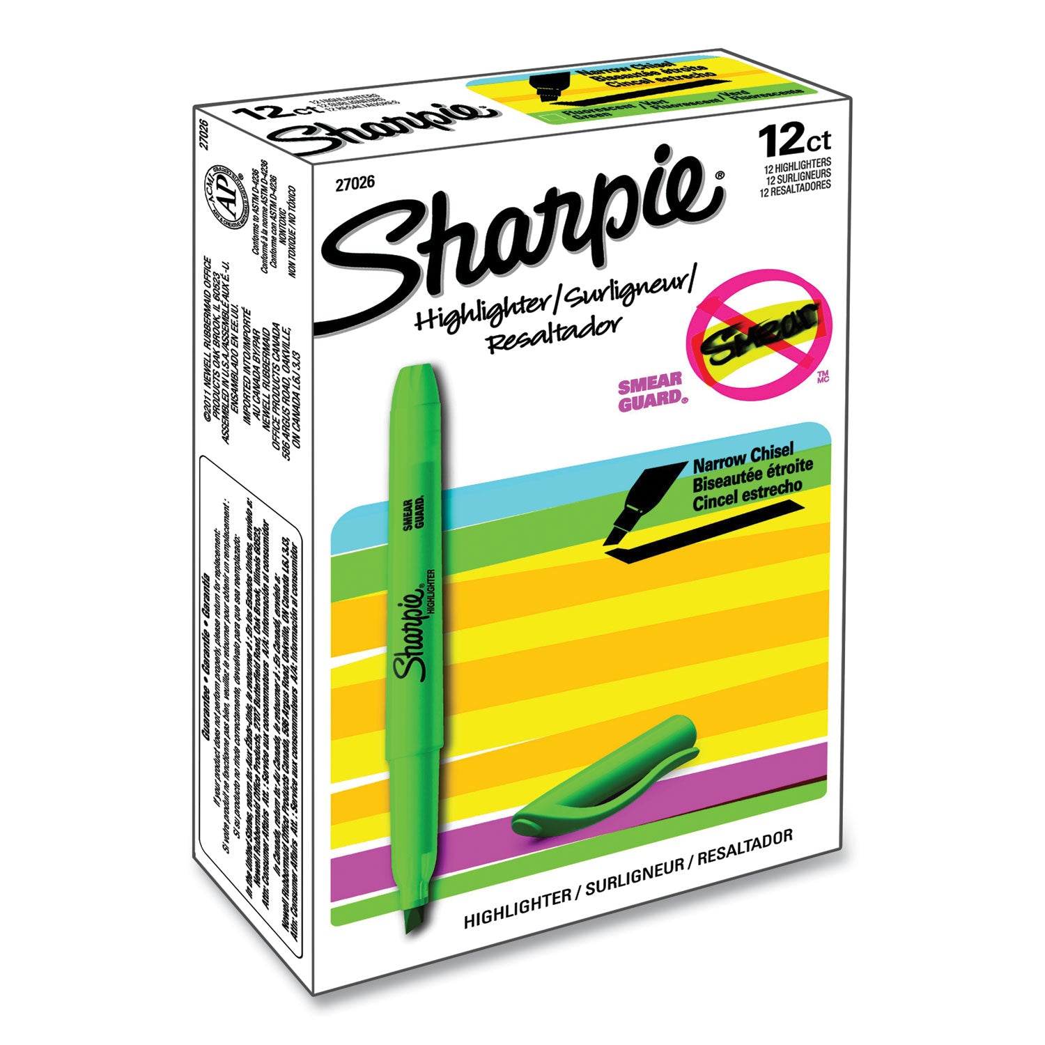 Pocket Style Highlighters, Fluorescent Green Ink, Chisel Tip, Green Barrel, Dozen - 