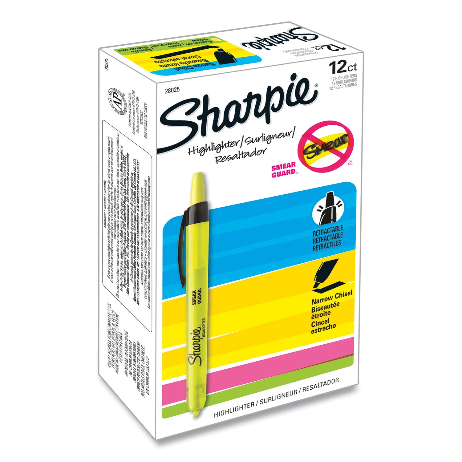 Retractable Highlighters, Fluorescent Yellow Ink, Chisel Tip, Yellow/Black Barrel, Dozen
