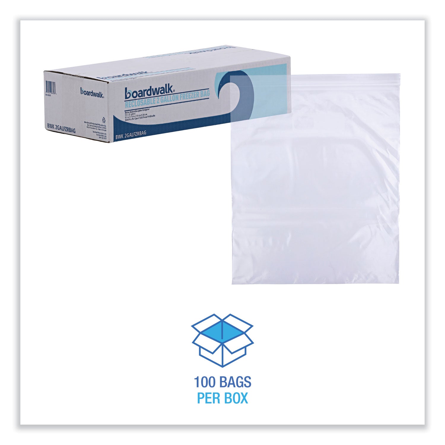 Reclosable Food Storage Bags, 2 gal, 2.7 mil, 13" x 15", Clear, 100/Box