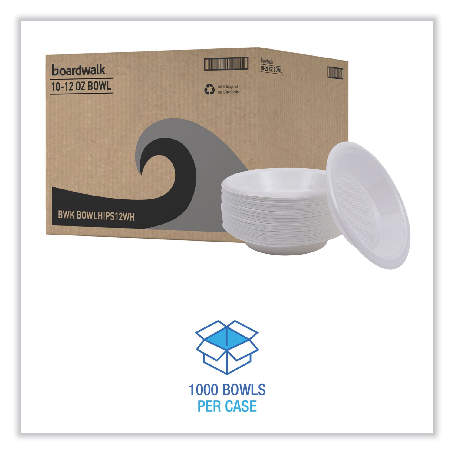 Hi-Impact Plastic Dinnerware, Bowl, 10 to 12 oz, White, 1,000/Carton