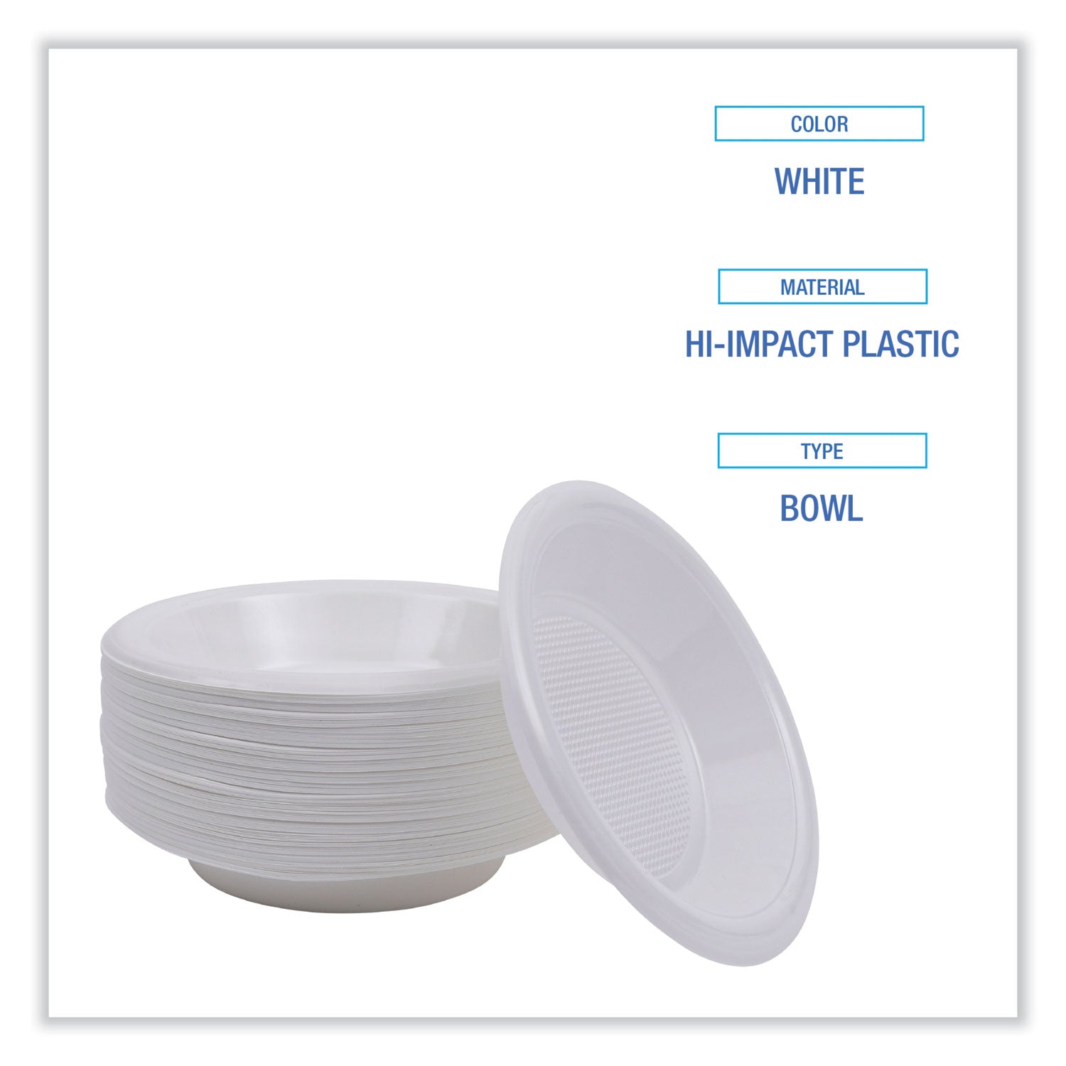 Hi-Impact Plastic Dinnerware, Bowl, 10 to 12 oz, White, 1,000/Carton